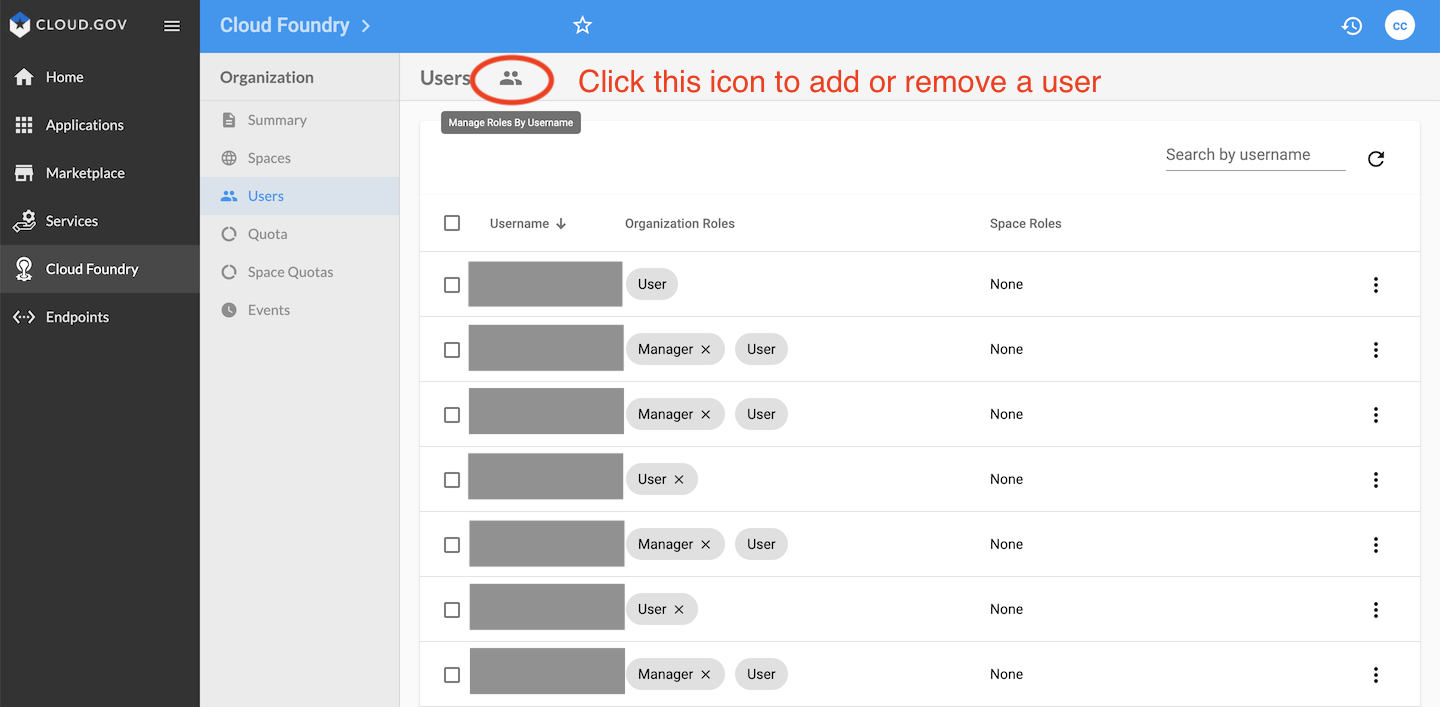 "Click on the Manage Roles by Username icon toward the top of the screen."